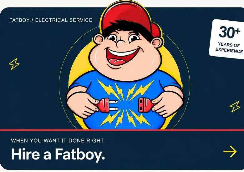 Fatboy Electrical Service mascot card with 30+ years of experience and Hire a Fatboy tagline